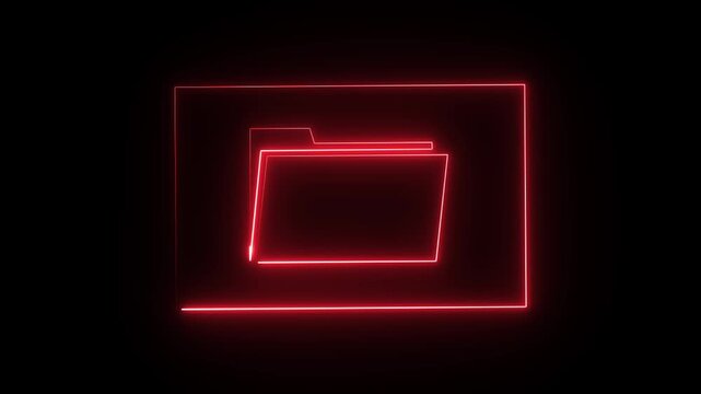 glowing red neon icon representing a computer file folder, enclosed within a rectangular border on a black background. Minimalist neon line art effect.