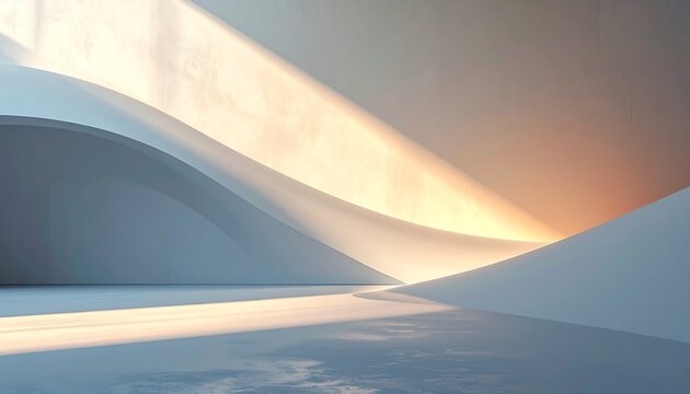 Modern white bridge structure at sunrise with golden light and misty atmosphere