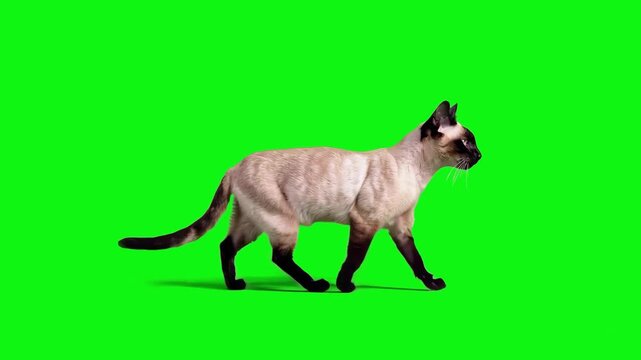 A sleek Siamese cat with classic color-point markings performs a continuous walk cycle across a green screen. This high-fidelity 3D animation captures the elegant movement of the breed for professiona