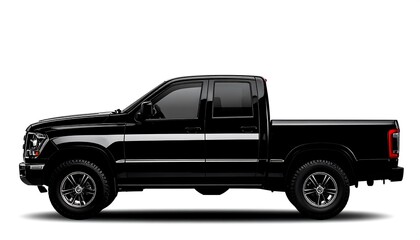 Black Crew Cab Pickup Truck Side View Isolated on White Background.
