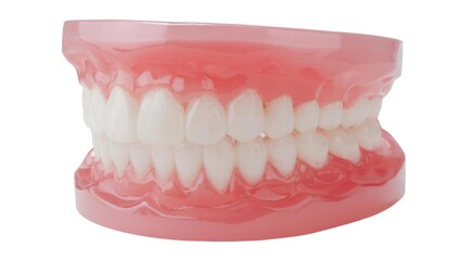 Obraz premium A pink dental model showing upper and lower teeth with gums. Concept Pink dental model, teeth and gums, upper and lower jaw, dental education tool