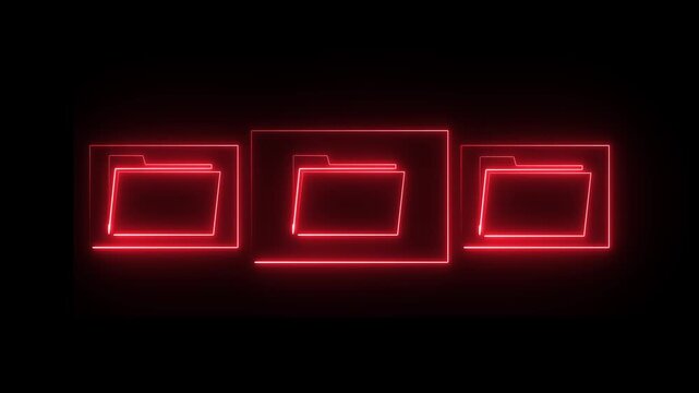 a set of three file folders, neon folder icons designed in a modern, glowing red style. 4k glowing motion