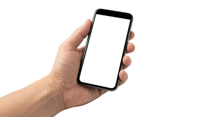 Hand holding blank smartphone screen mockup isolated on transparent background