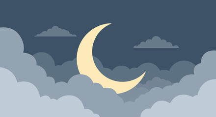 Simple Flat Style Crescent Moon Over Clouds Peaceful Night Illustration