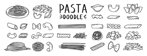 Pasta, spaghetti, vermicelli, macaroni feathers, horns, shells, butterflies doodle hand drawn icon set. Outline drawing wheat dough food line clipart symbol collection