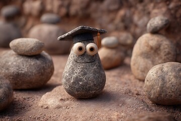 Rock character wearing graduation cap smiling