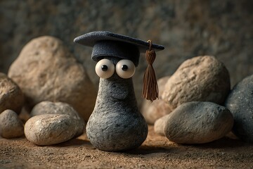 Graduating rock character wearing mortarboard and googly eyes