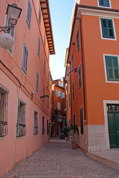 Narrow collorful cobblestone street in Rovinj. Rovinj is historic old town in Istria, on the Adriatic coast of Croatia