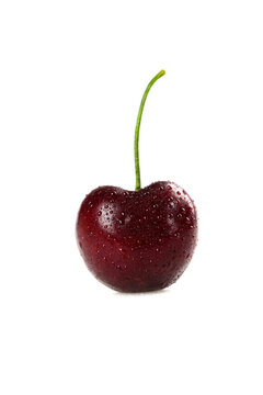 Fresh Black Cherry with Water Droplets and Green Stem Isolated on White Background