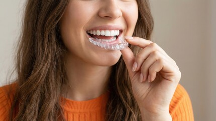 Smiling young woman putting clear plastic aligner on teeth for orthodontic treatment plan