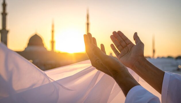 Muslim man with open hands praying at sunset near mosque, spiritual moment