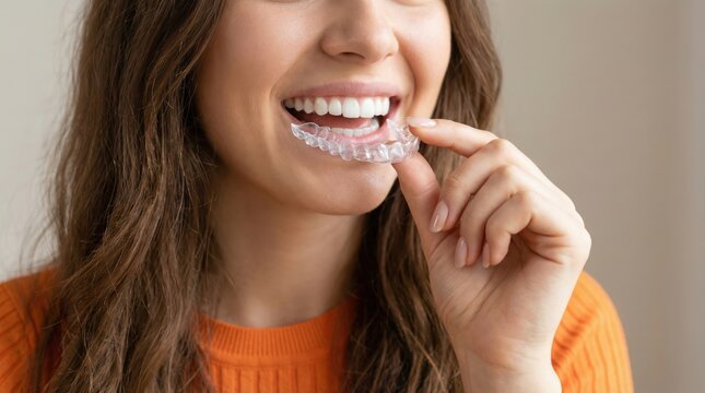 Smiling young woman putting clear plastic aligner on teeth for orthodontic treatment plan