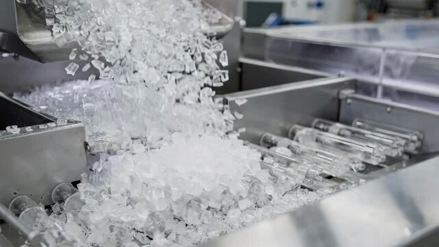 Medium shot of recycled clear polymer flakes flowing into a texturizing machine highlighting ecofriendly yarn production with precise clear chip sorting.