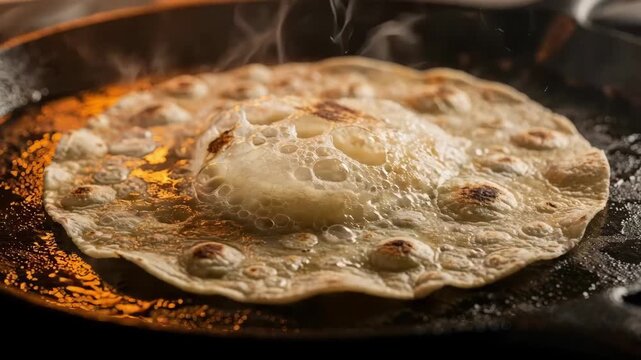 Medium shot of a tortilla puffing up as it cooks on a hot glowing griddle highlighting the bubbling dough and sizzling heat waves above the surface.