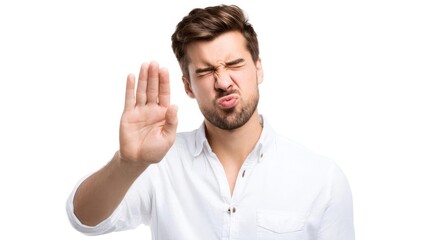 Naklejka premium A man in a white shirt holds up his hand in a stop gesture, eyes squinted and lips puckered. Concept Stop gesture portrait, Man in white shirt, Squinting eyes and puckered lips, Expressive portrait
