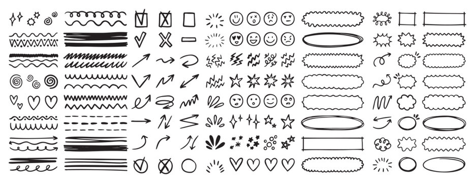 doodle underline emphasis scribble elements line hand drawn set. doodle brush shapes stroke highlight sparkle and arrow elements. childish drawing kids style.