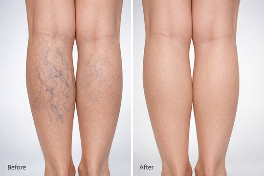 Ultra-realistic medical before-and-after visualization of sclerotherapy treatment for varicose veins on female legs.