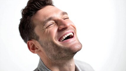 Fototapeta premium A man laughing with his eyes closed and his head tilted back. Concept Joyful Laugh, Eyes Closed Moment, Head Tilted Back, Candid Portrait