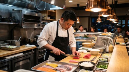 Fototapeta premium Sushi chef preparing fish at kitchen counter in modern restaurant 