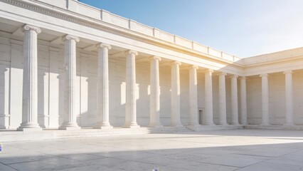 Naklejka premium Sunlit Colonnade Framing Open Marble Courtyard, Rhythmic Columns Casting Crisp Shadows Across Pale Paving, Morning Light Highlighting Neoclassical Facade, Spacious Venue Ready For Civic