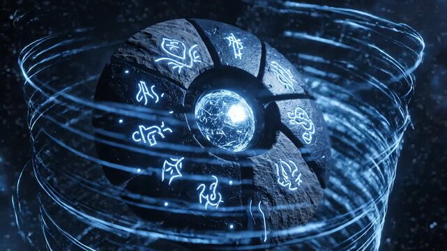 Ancient Security Lock Materializes on Rotating Stone Disc with Glowing Runes Surrounded by Swirling Cosmic Energy in Dark Space Background