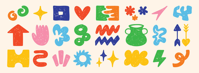 Obraz premium Cute abstract doodle shapes. Set of various modern kids hand drawn stars, hearts, clouds, flowers stickers. Retro comic figure