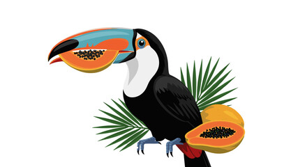 Fototapeta premium Playful Toucan with Papaya Fruit Vector, Tropical Bird Illustration Isolated on Transparent Background, Exotic Wildlife, Happy & Vibrant Design Element