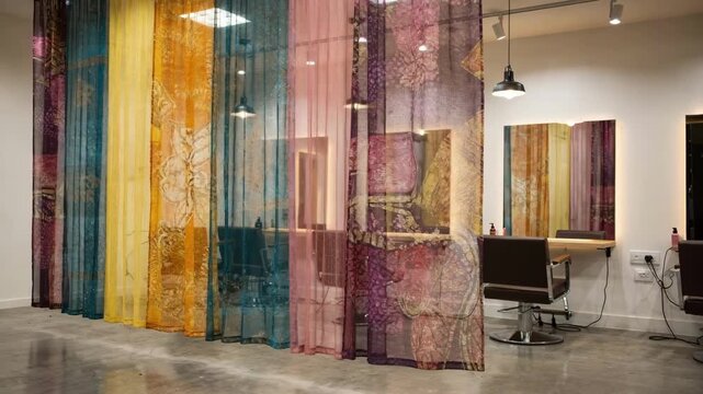 Medium shot showcasing vibrant hanging textile partitions in a chic salon adding color and defining distinct styling zones with artistic fabric panels.