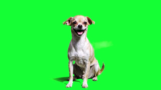 Animated chihuahua sitting calmly and facing the camera, isolated on a solid green chroma key background. Suitable for pet advertising, social media content, and motion graphics compositing.