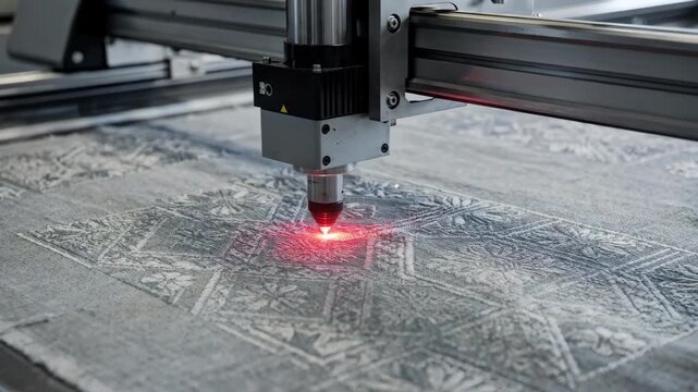Medium shot showcasing a laser system etching intricate patterns on fabric surfaces highlighting detailed textile transformations.