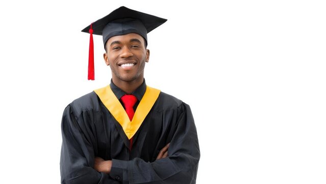 A smiling graduate in a black cap and gown with a yellow stole and a red tassel. Concept Graduation Portrait, Cap and Gown, Yellow Stole, Red Tassel, Smiling Graduate
