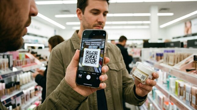 Man scanning QR code on smartphone while shopping for skincare products  