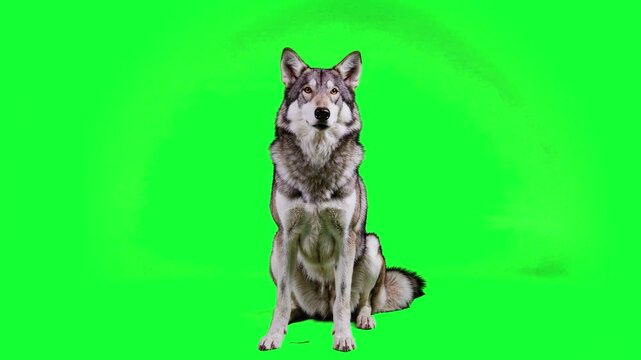 A realistic 3D animation of a Husky or wolf-like dog sitting attentively against a bright green background. The dog stays in a seated position while subtly moving its head, ideal for integration into 