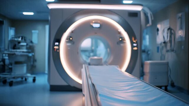 Medium shot of a pediatricfriendly MRI gantry with soft ambient lighting highlighting the patient table background equipment blurred for a calm medical environment.