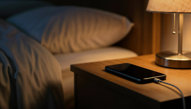 Phone charging on nightstand symbolizing rest and digital routine