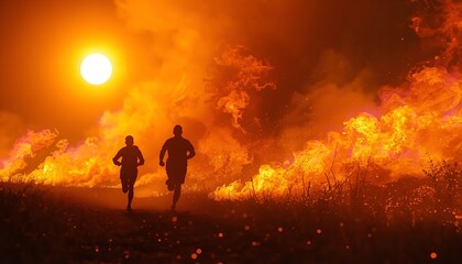 Obraz premium Two people running away from a large wildfire with flames and smoke under a bright orange sun