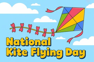 National Kite Flying Day Illustration with Colorful Kites Soaring in Bright Blue Sky