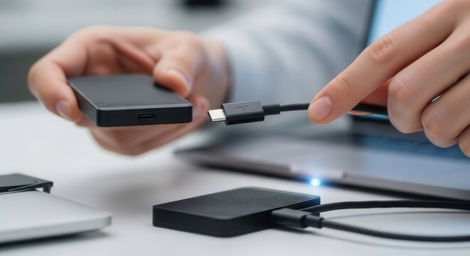 Connecting a storage device to a laptop using a USB cable in a workspace with a simple setup