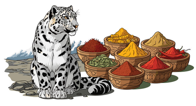 Snow Leopard with Spices: Culinary Fusion, Exotic Cuisine Concept, Traditional Flavors, Himalayan Wildlife, Vector Illustration, Isolated on Transparent Background.