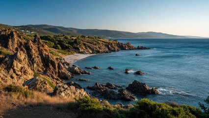 Fototapeta premium Rugged coastline with rocky cliffs, a tiny sandy cove, and turquoise sea stretching to the horizon beneath a clear blue sky. Concept Rugged coastline, Rocky cliffs, Tiny sandy cove, Turquoise sea