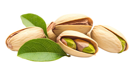 Group of shelled pistachios and leaves isolated on transparent background healthy snack