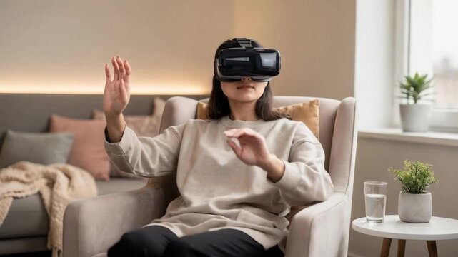 Medium shot of a calming VR therapy corner with a single user deeply immersed headset in focus and softly blurred seating area enhancing a serene atmosphere.