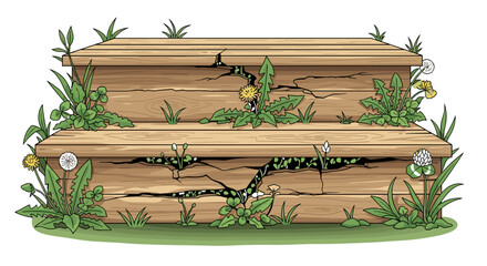 Fototapeta premium Wooden Steps with Cracks and Dandelions, Weeds Growing Through, Nature Finds a Way, Old Wood Decay, Isolated on transparent background.