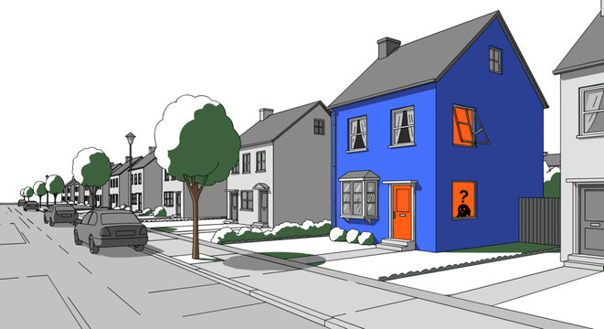 Real Estate Mystery: Blue House with Questionable Resident, a Suburban Enigma. Spooky House on a Street, Vector Illustration Isolated on Transparent Background for Design