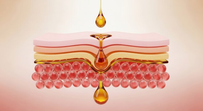 Anatomical illustration of skin layers with oil droplets penetrating the surface