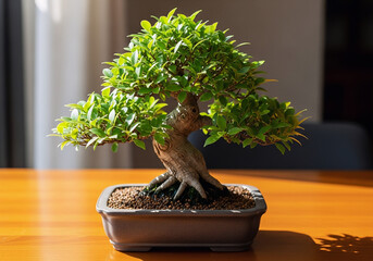 Miniature Bonsai Tree in Ceramic Pot on Wooden Table for Home Decor and Zen Inspiration