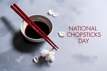 National Chopsticks Day Concept with Red Chopsticks, Soy Sauce Bowl and Minimal Asian Table Setting