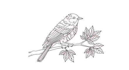 Fototapeta premium Hand drawn vector illustration of a cute sparrow bird with detailed wings and feathers perched on a winter tree branch in a minimalist black nature art style