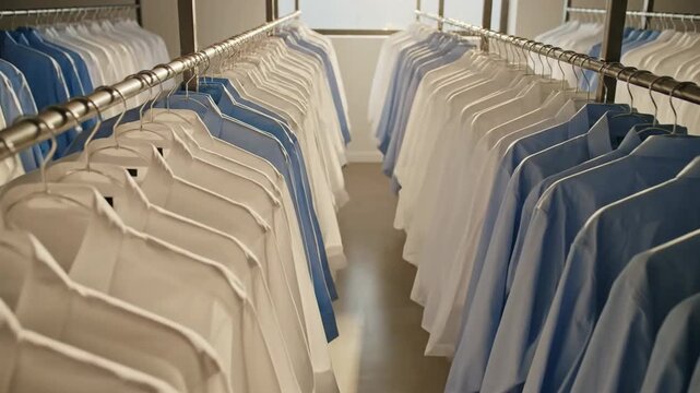 Rows of crisp white and blue cotton shirts hang neatly in a sunlit laundry room, ready for wear.