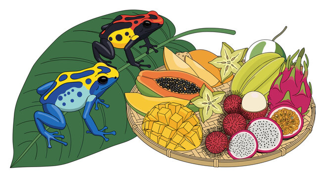 Vibrant Poison Dart Frogs and Tropical Fruit Still Life Vector Illustration, Colorful Exotic Delights, Isolated on transparent background for Creative Designs